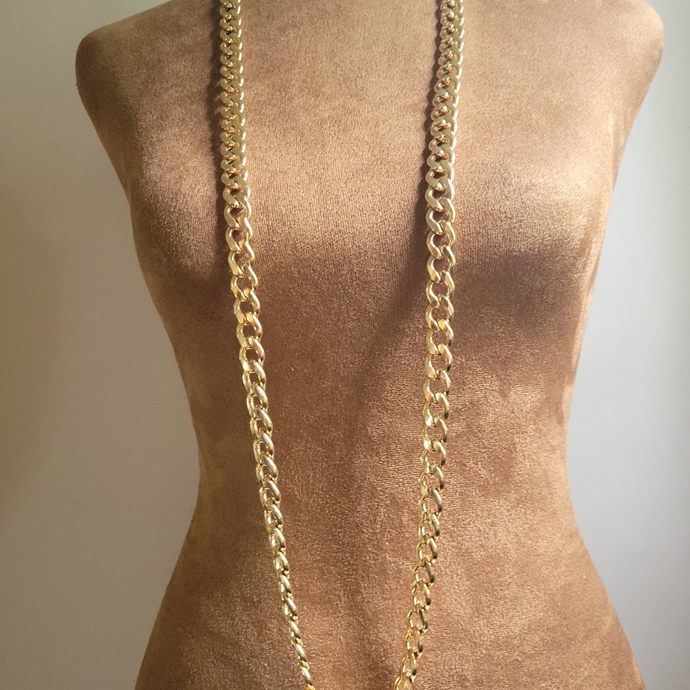 Gold Curb Link Chain Necklace 42 Inch Long Statement Jewelry Mob Wife